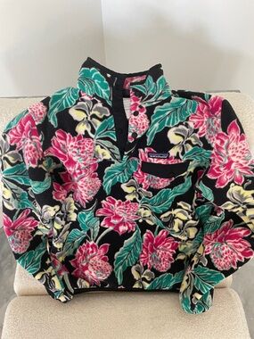 Patagonia Black Fleece Pullover with Pink & Green Floral Print